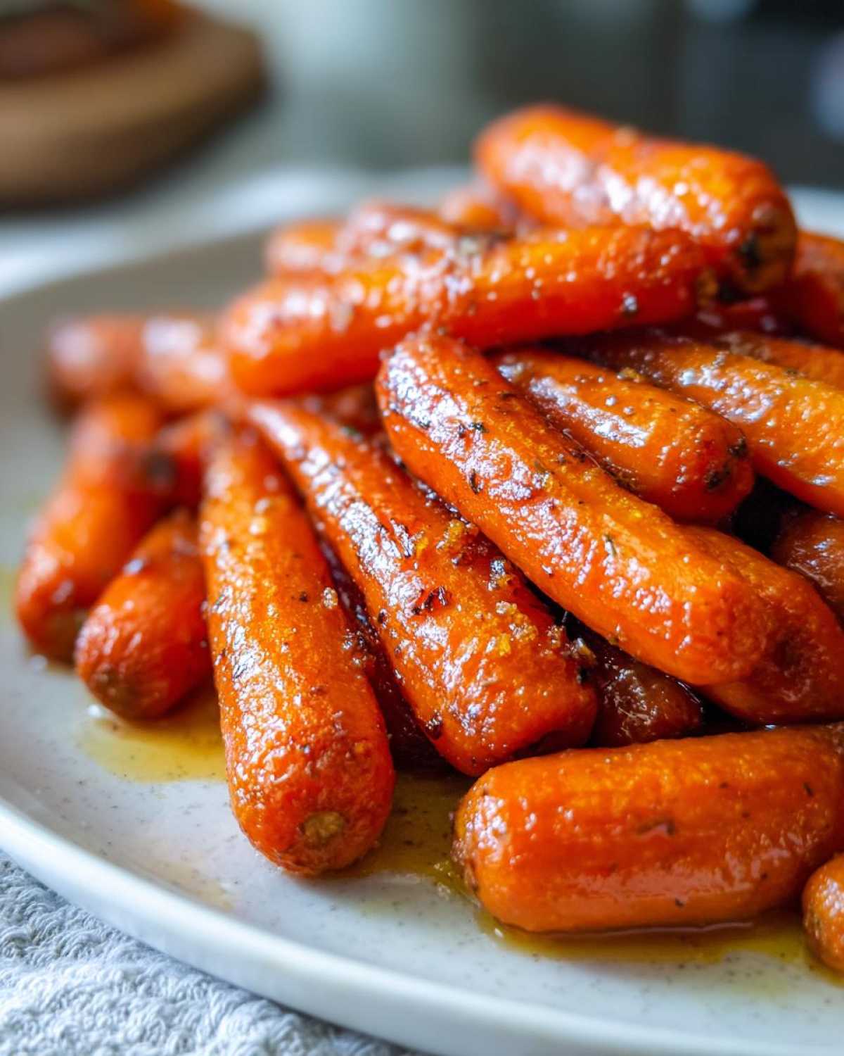 Close-up of glazed Roast Honey Garlic Butter Carrots piled high on a light-colored serving plate.