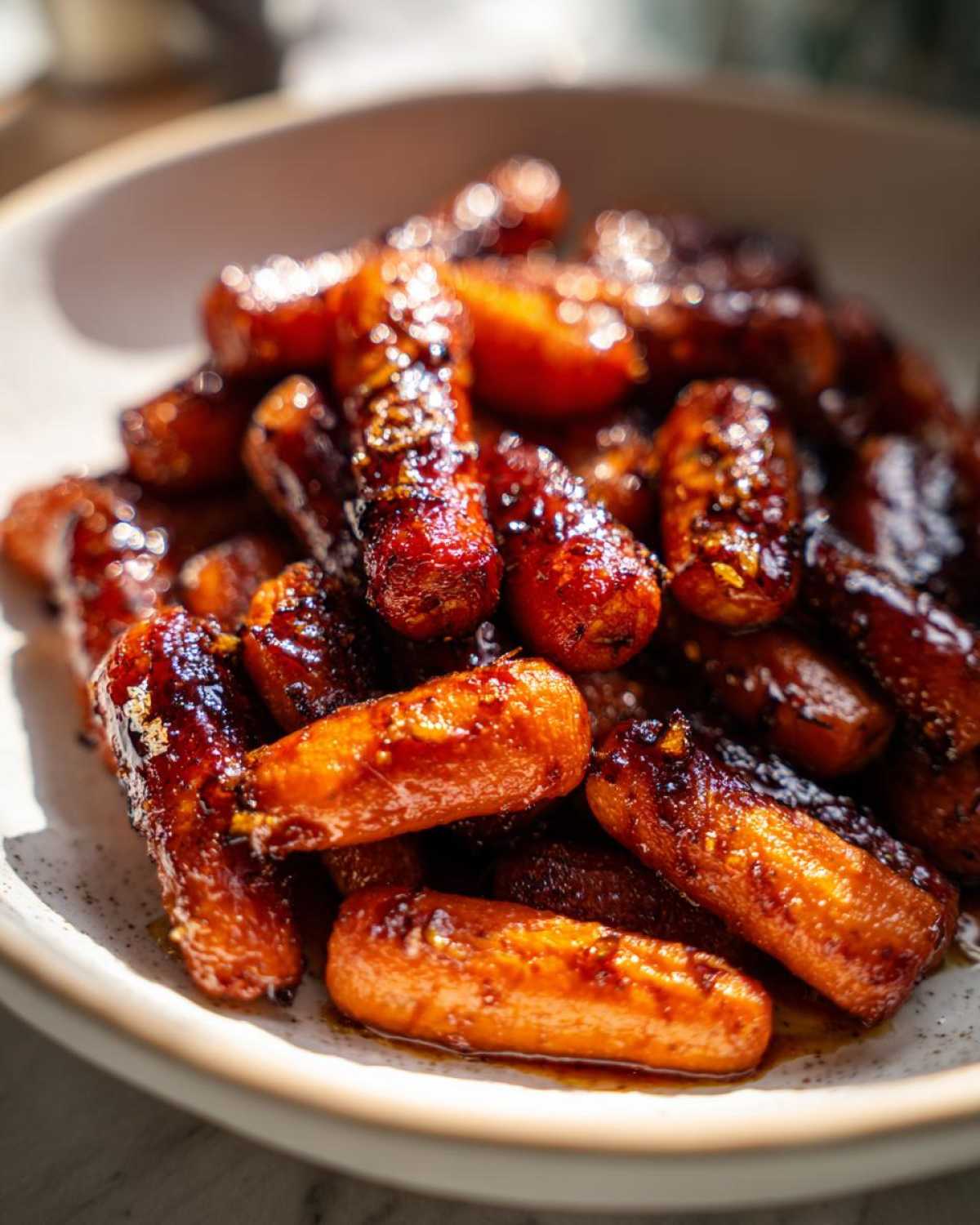 Close-up of perfectly glazed Roast Honey Garlic Butter Carrots in a serving bowl.