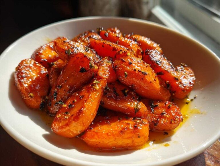 Close-up of glazed Roast Honey Garlic Butter Carrots, shiny and caramelized, served in a white bowl.