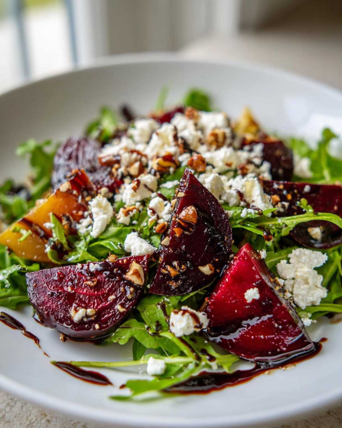 Close-up of a Roasted Beet & Goat Cheese Salad featuring dark red beets, crumbled white goat cheese, and nuts over arugula, drizzled with balsamic glaze.