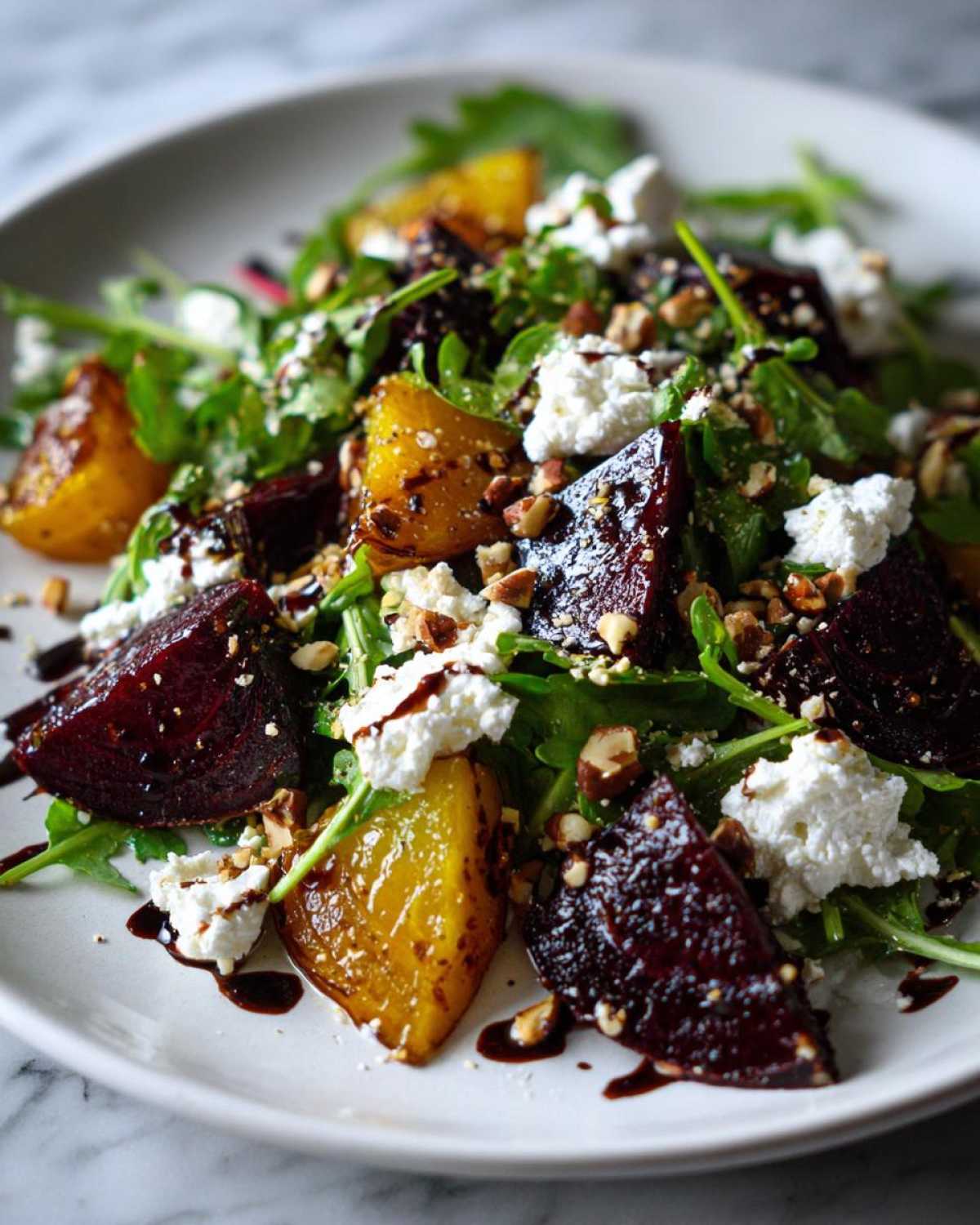 Close-up of a vibrant Roasted Beet & Goat Cheese Salad featuring red and golden beets, crumbled goat cheese, arugula, and nuts.