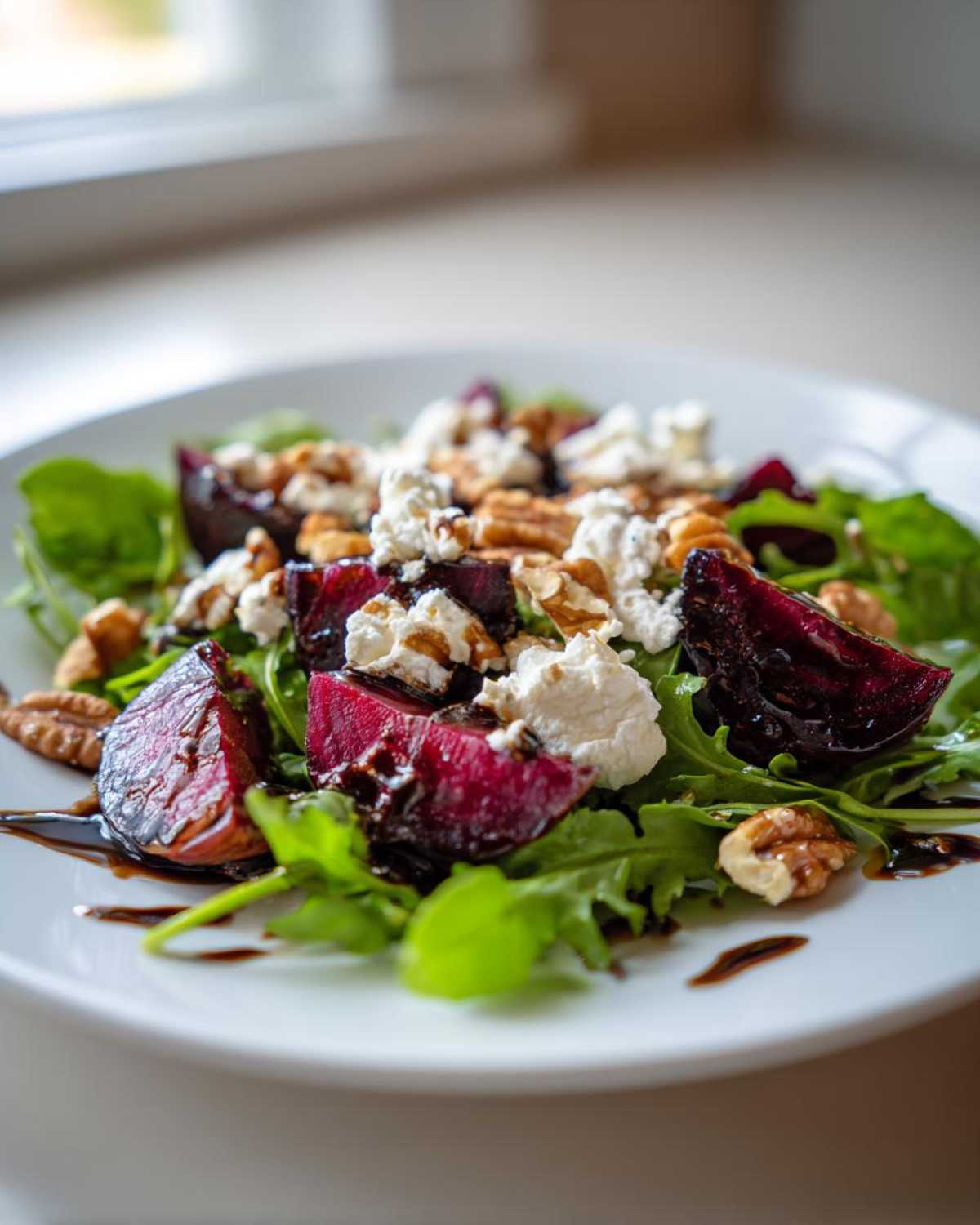 Close-up of a Roasted Beet & Goat Cheese Salad featuring bright red beets, crumbled goat cheese, walnuts, and arugula drizzled with balsamic glaze.