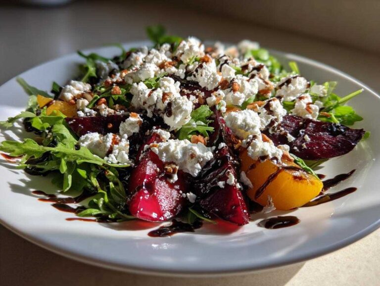 Amazing Roasted Beet & Goat Cheese Salad Close-up of a vibrant Roasted Beet & Goat Cheese Salad featuring arugula, red and golden beets, crumbled goat cheese, and a balsamic drizzle.