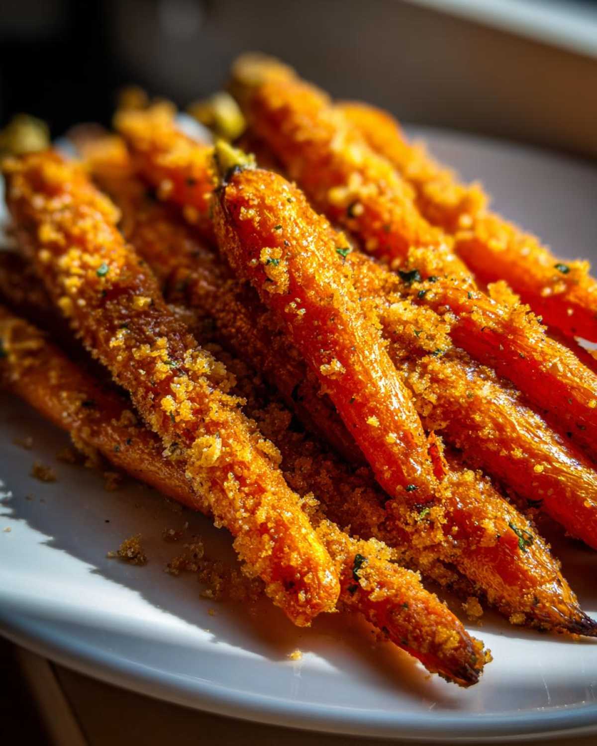 Close-up of bright orange Roasted Parmesan Garlic Carrots piled on a white plate, coated in a savory, golden crumb topping.