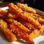 A pile of bright orange Roasted Parmesan Garlic Carrots with a crispy, golden topping served on a white plate.