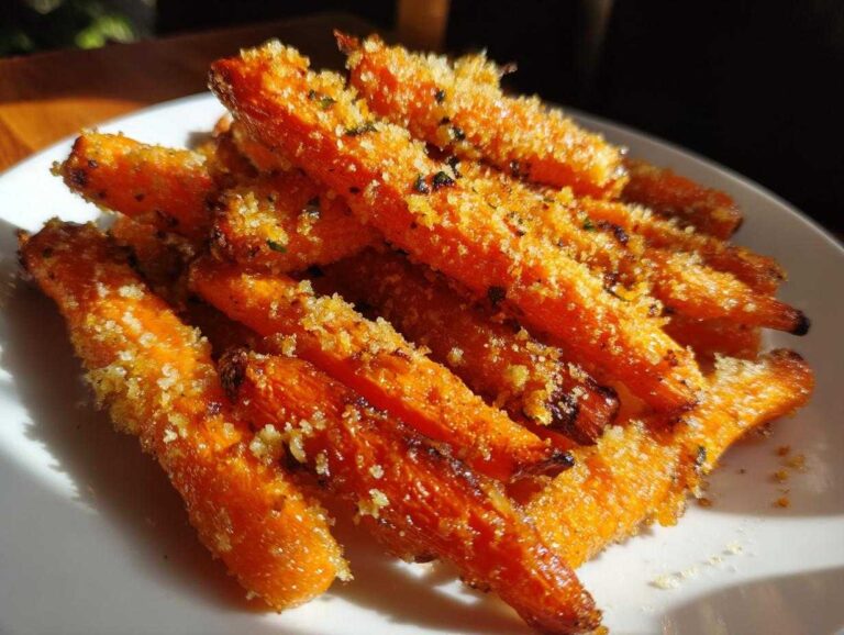 A pile of bright orange Roasted Parmesan Garlic Carrots with a crispy, golden topping served on a white plate.