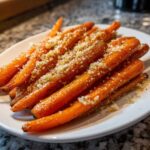A close-up of perfectly Roasted Parmesan Garlic Carrots, glistening and topped with grated cheese and pepper.