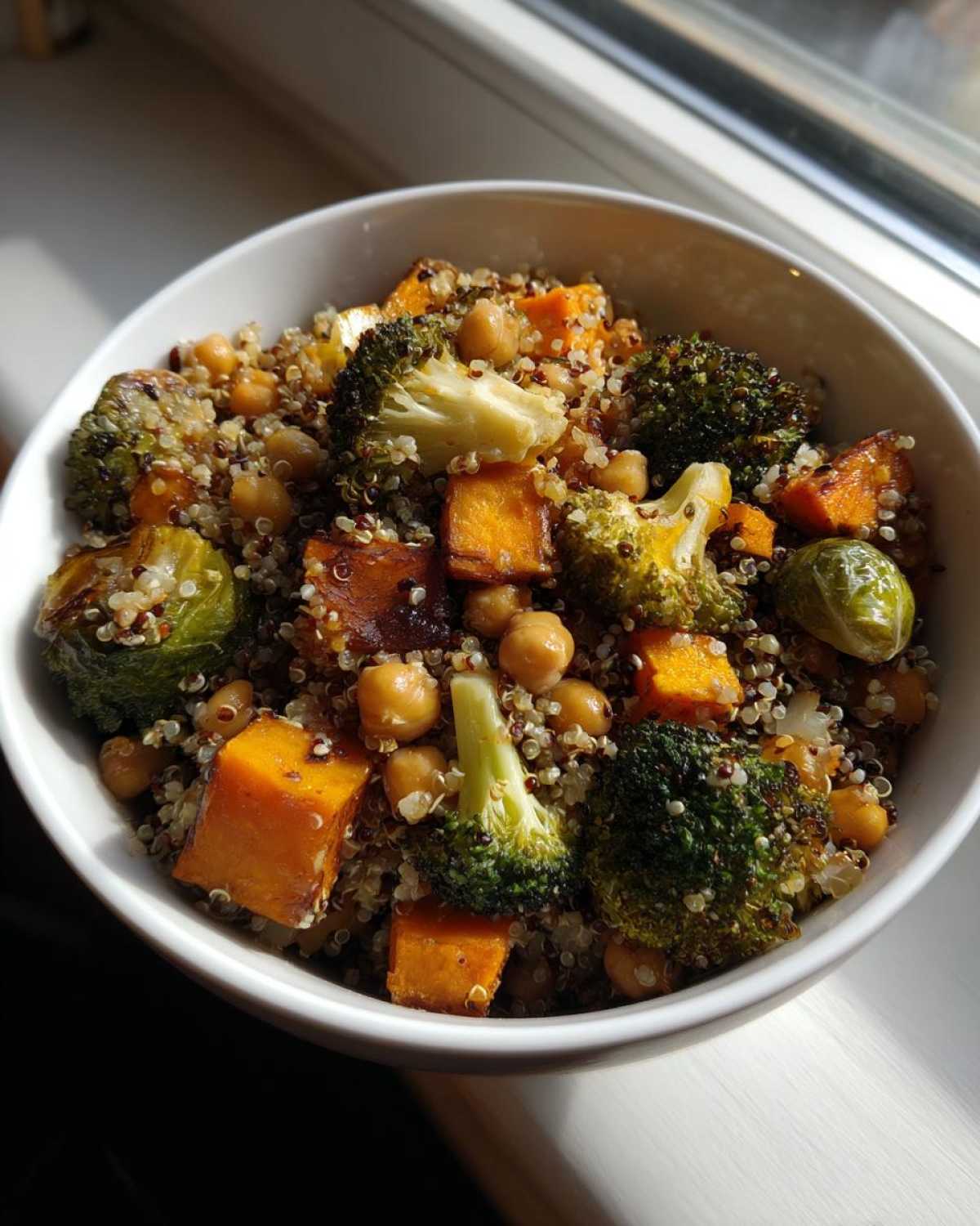 A close-up of a white bowl filled with Roasted Vegetable Quinoa Salad featuring roasted sweet potatoes, broccoli, chickpeas, and Brussels sprouts.