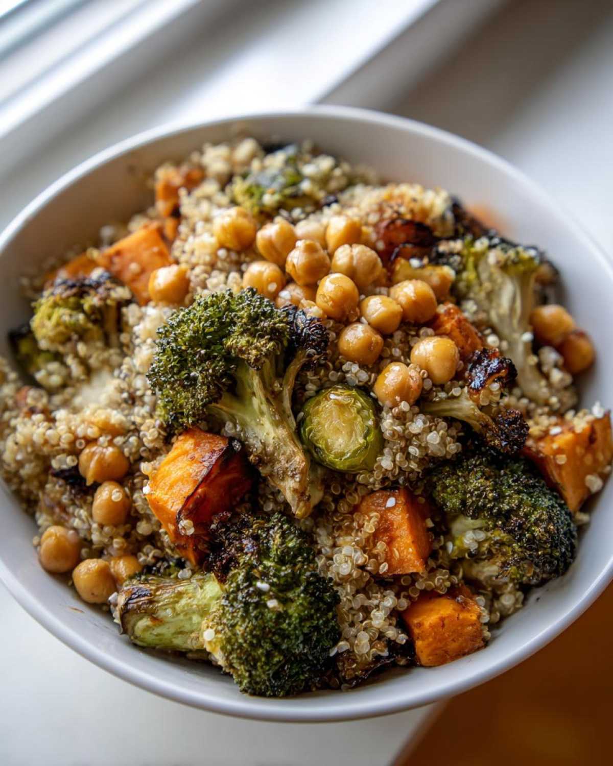 A close-up overhead shot of a white bowl filled with Roasted Vegetable Quinoa Salad featuring roasted broccoli, sweet potatoes, chickpeas, and Brussels sprouts.