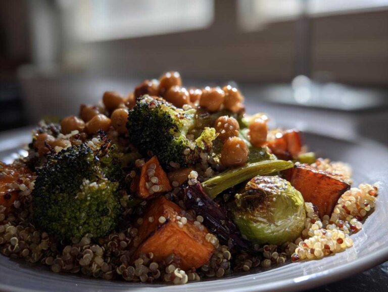 A close-up, appetizing shot of Roasted Vegetable Quinoa Salad featuring roasted broccoli, sweet potatoes, chickpeas, and Brussels sprouts.
