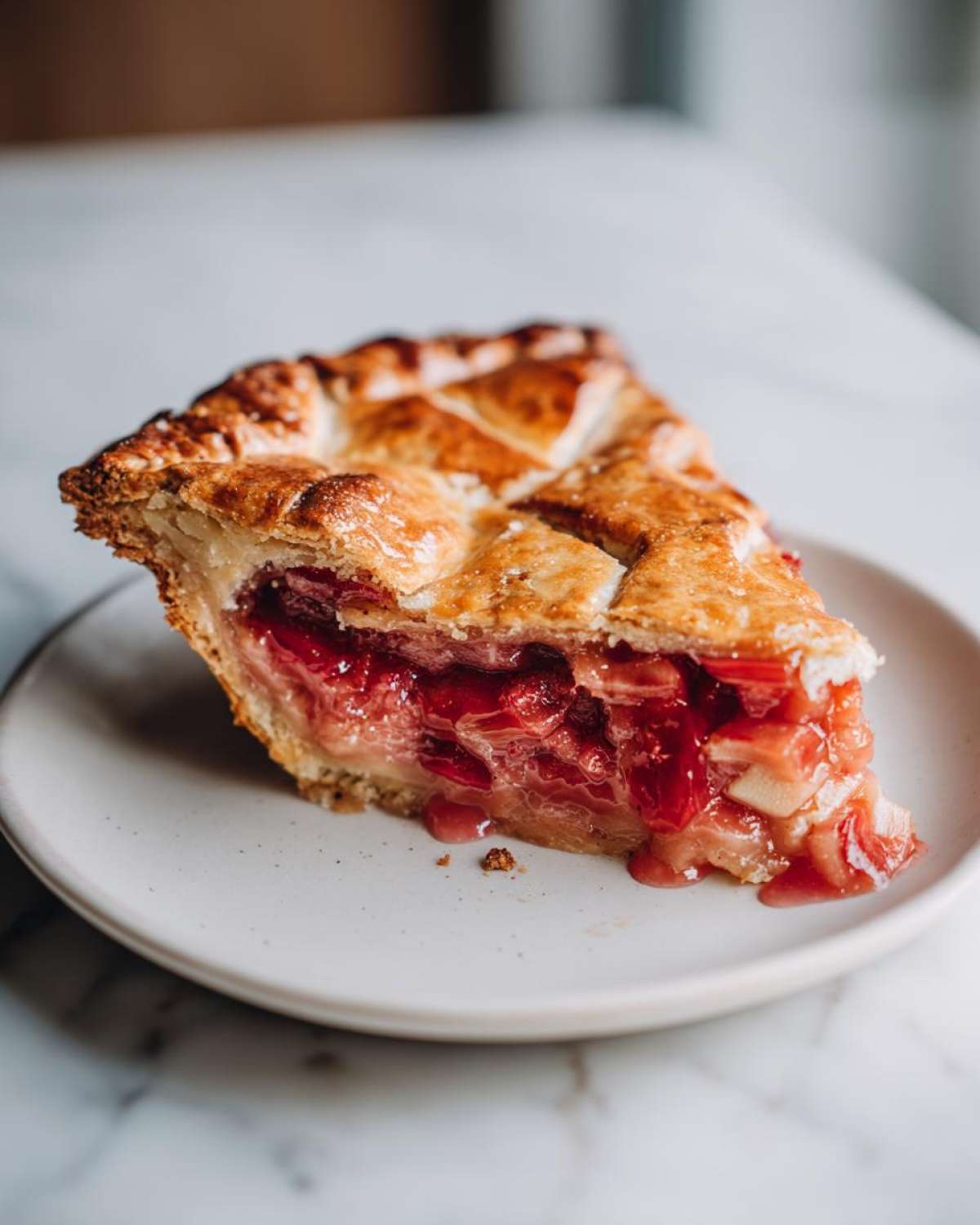 Close-up of a slice of Rustic Geometric Rhubarb Galette showing the bright red, juicy rhubarb filling and golden lattice crust.