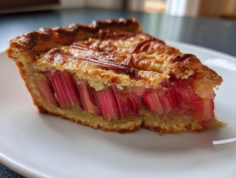 Stunning 1 Rustic Geometric Rhubarb Galette Close-up of a slice of Rustic Geometric Rhubarb Galette showing vertical, vibrant pink rhubarb stalks baked into the crust.