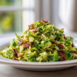 A mound of bright green Sautéed Shredded Brussels Sprouts topped with crispy bacon pieces on a white plate.