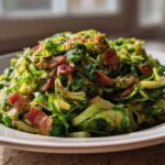 A close-up of a generous serving of Sautéed Shredded Brussels Sprouts mixed with crispy bacon pieces on a white plate.