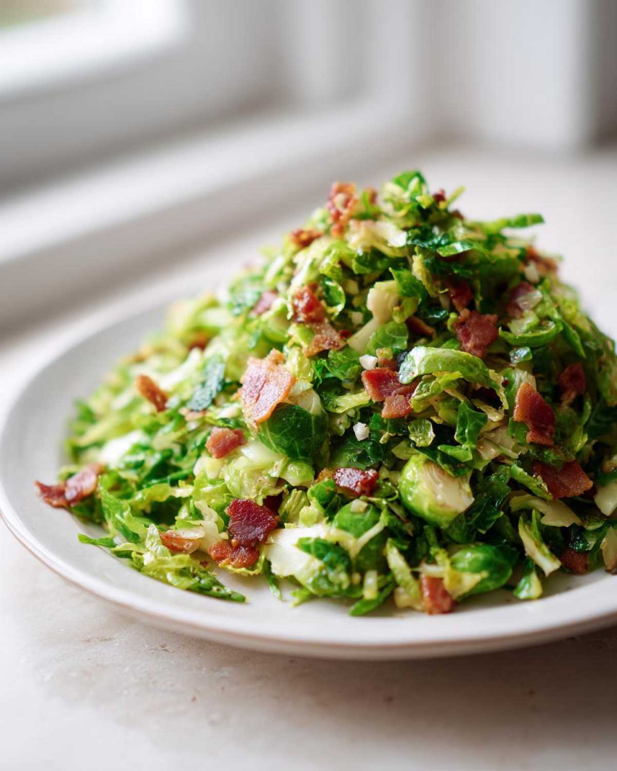A mound of Sautéed Shredded Brussels Sprouts topped generously with crispy bacon pieces on a white plate.