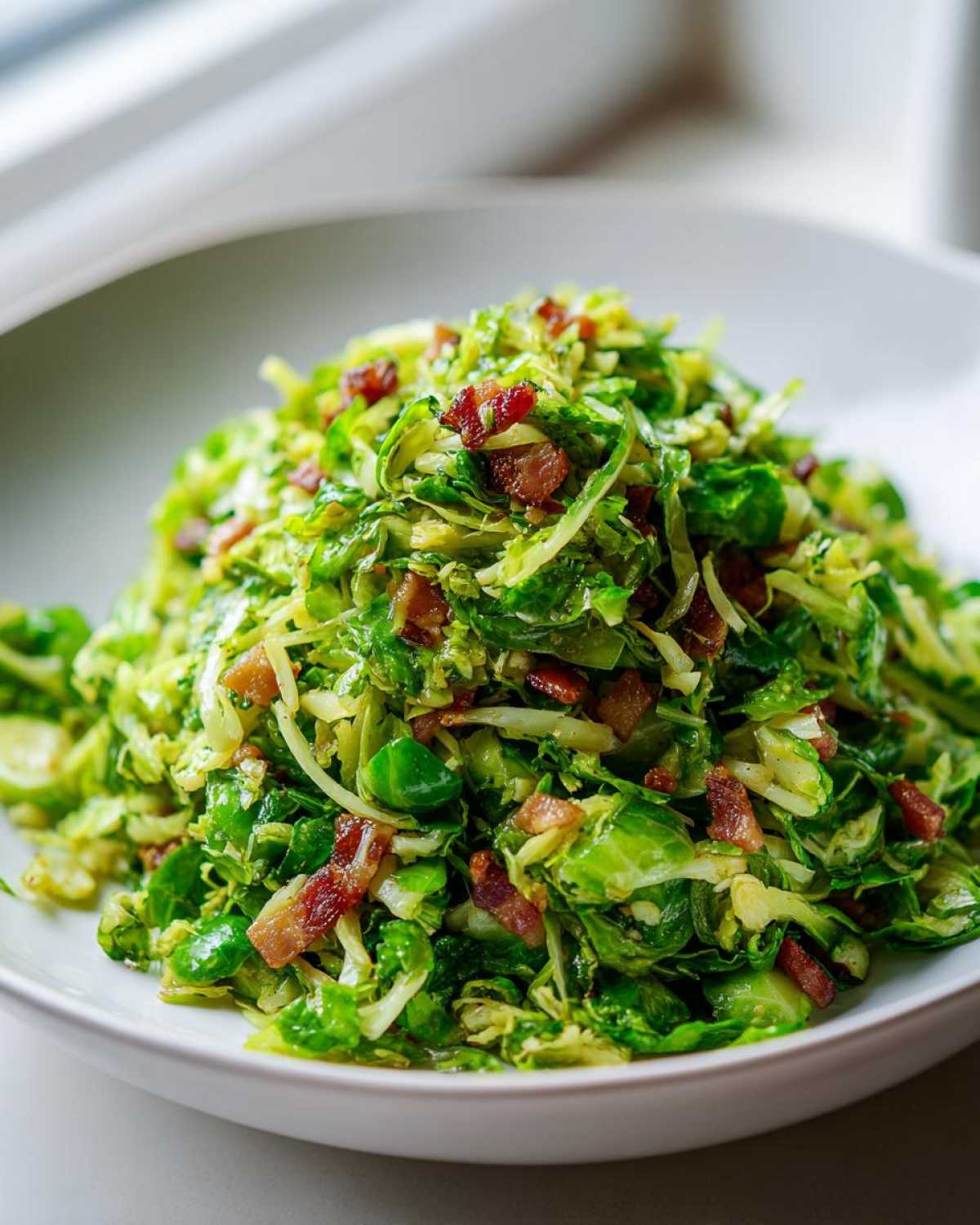 A close-up of vibrant green Sautéed Shredded Brussels Sprouts mixed with crispy bacon bits in a white bowl.