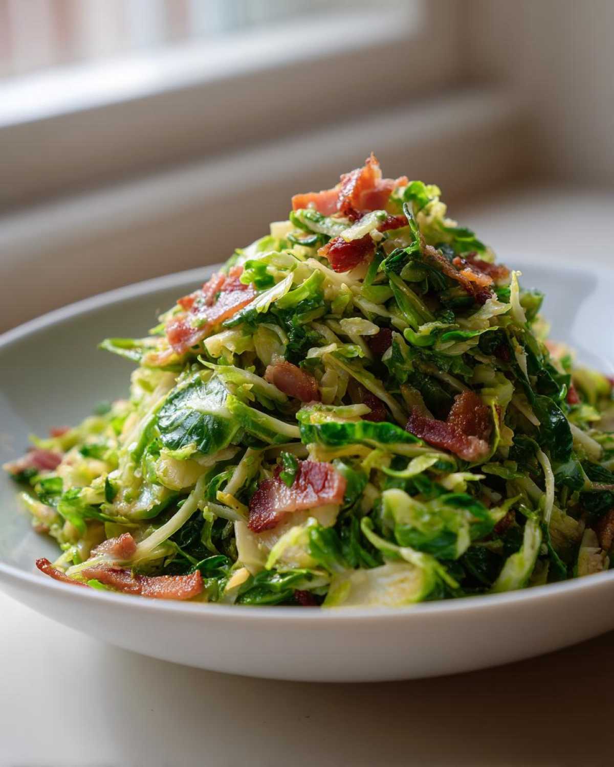 A white bowl piled high with Sautéed Shredded Brussels Sprouts topped with crispy bacon pieces.