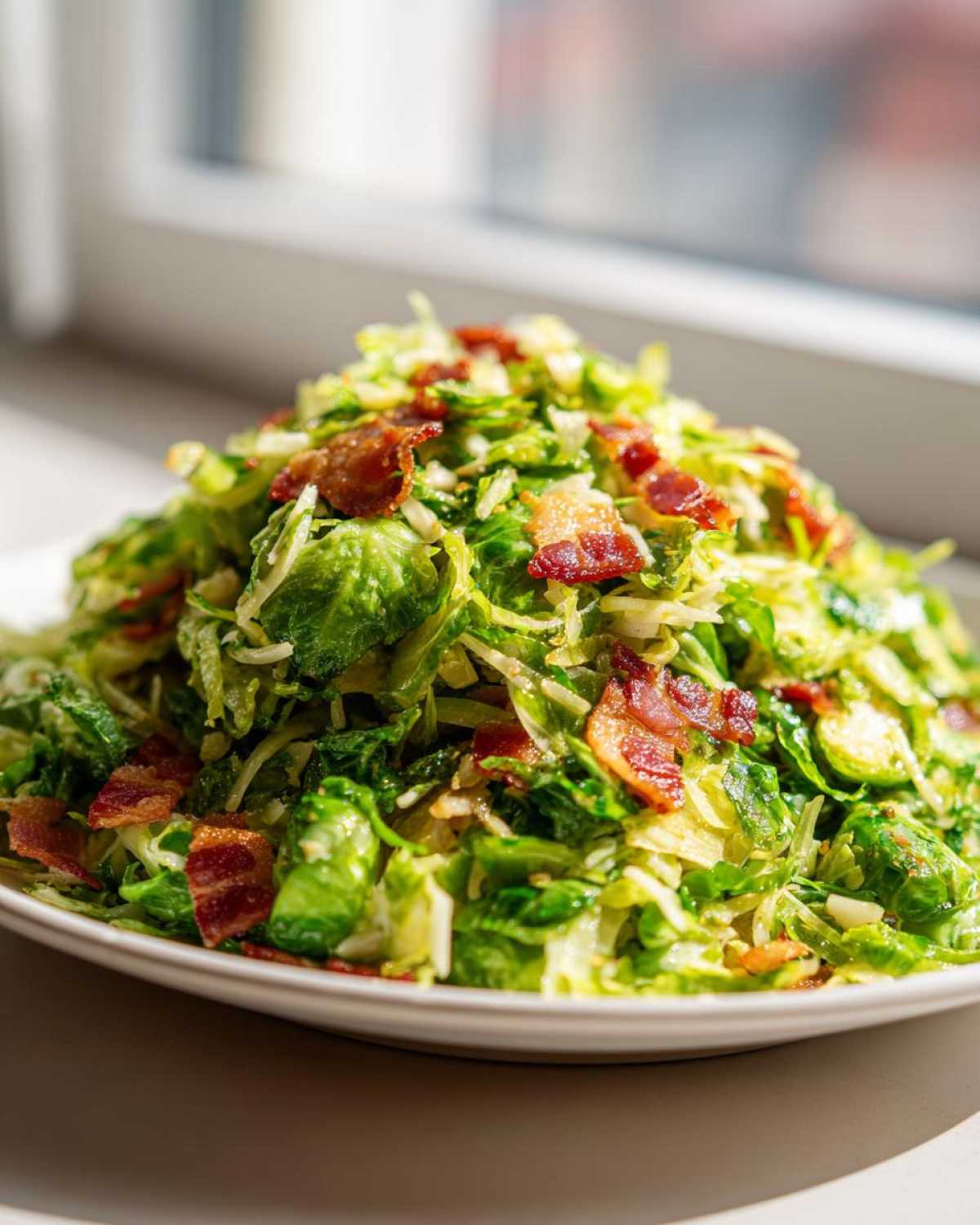 A mound of vibrant green Sautéed Shredded Brussels Sprouts topped with crispy bacon pieces on a white plate.