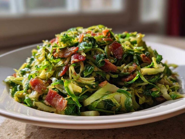 15 Min Sautéed Shredded Brussels Sprouts Magic A close-up of a generous serving of Sautéed Shredded Brussels Sprouts mixed with crispy bacon pieces on a white plate.