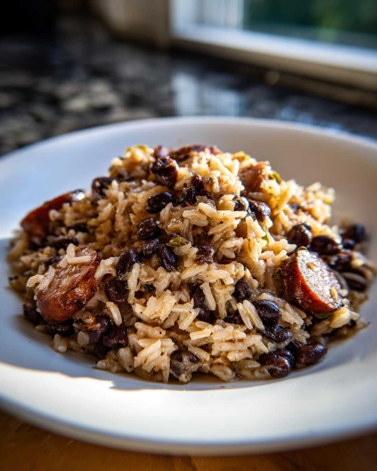 Close-up of a hearty serving of savory beans and rice mixed with slices of browned sausage on a white plate.
