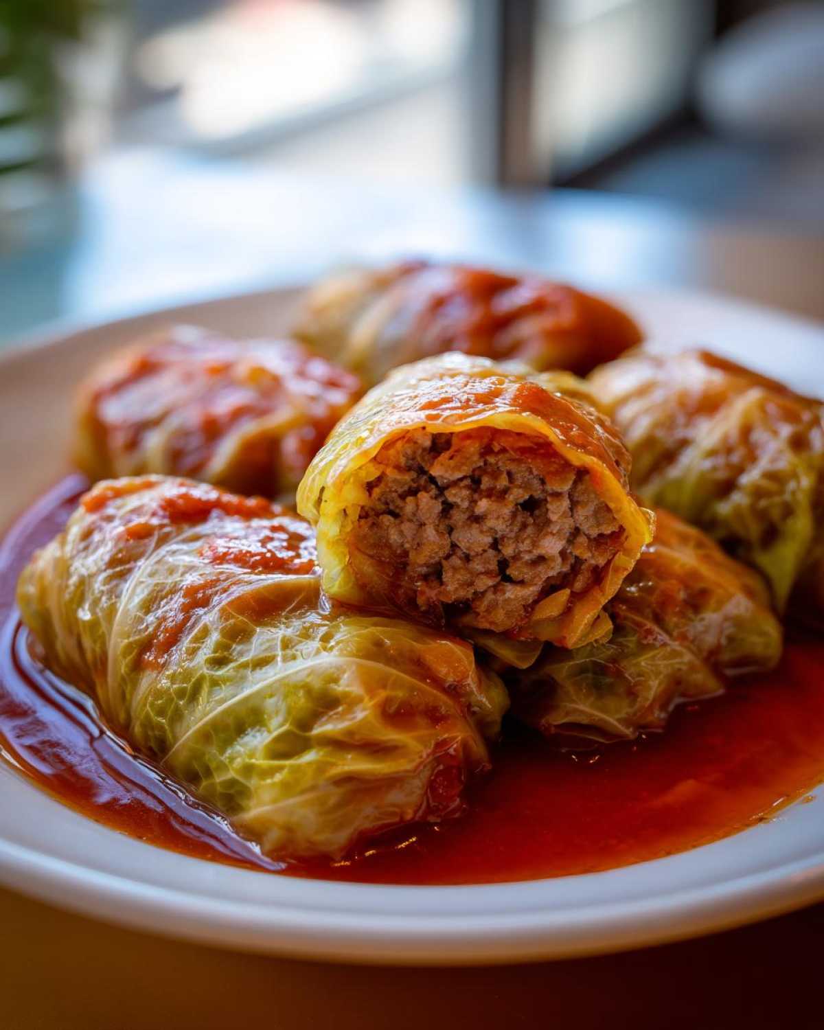 Close-up of several tender cabbage rolls served in a rich tomato sauce, one cut open showing the ground meat filling.