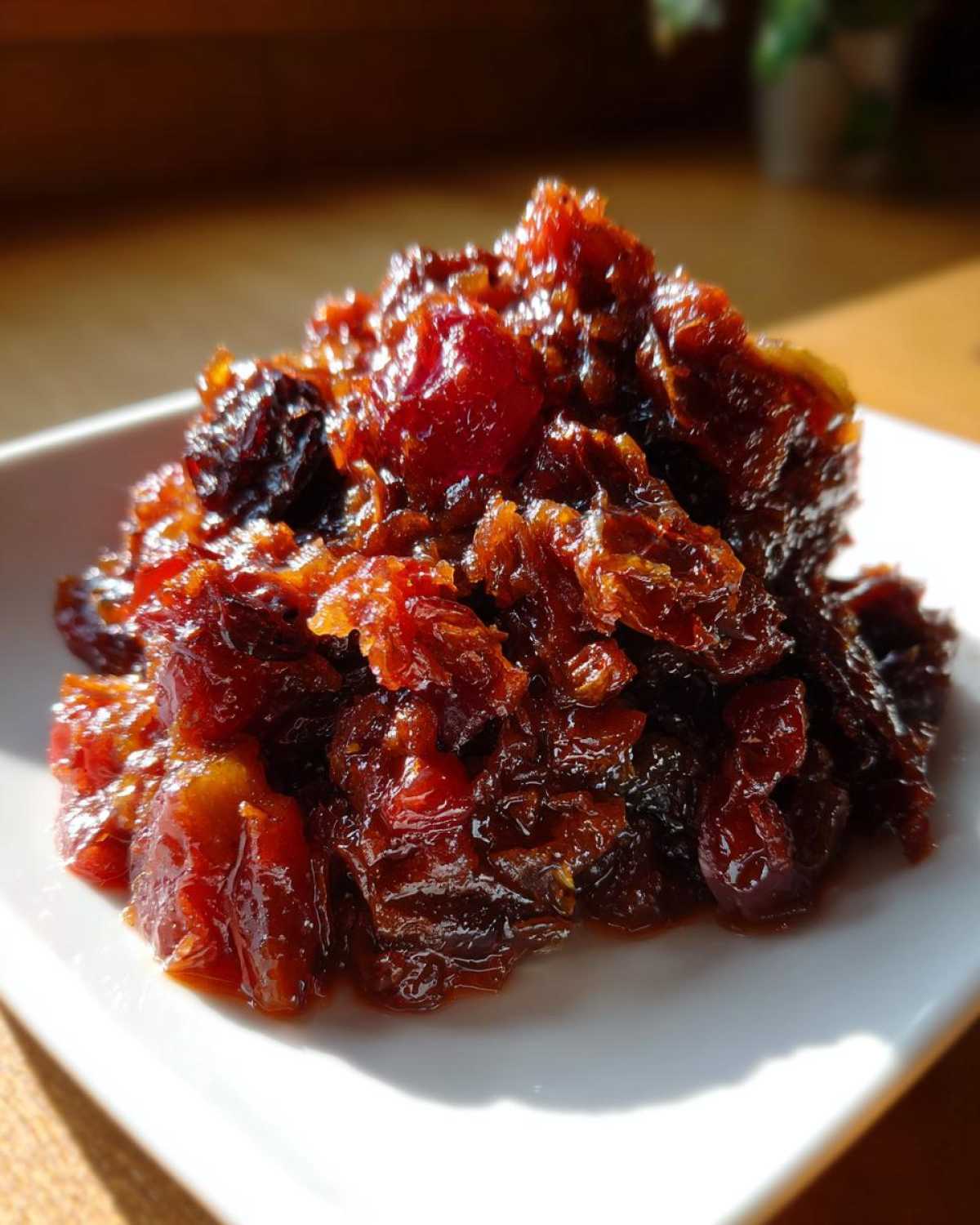 A close-up of rich, dark red Savory Rhubarb Chutney with Dates piled on a small white dish.