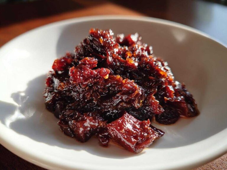 Close-up of a dollop of dark, glossy Savory Rhubarb Chutney with Dates served on a white dish.