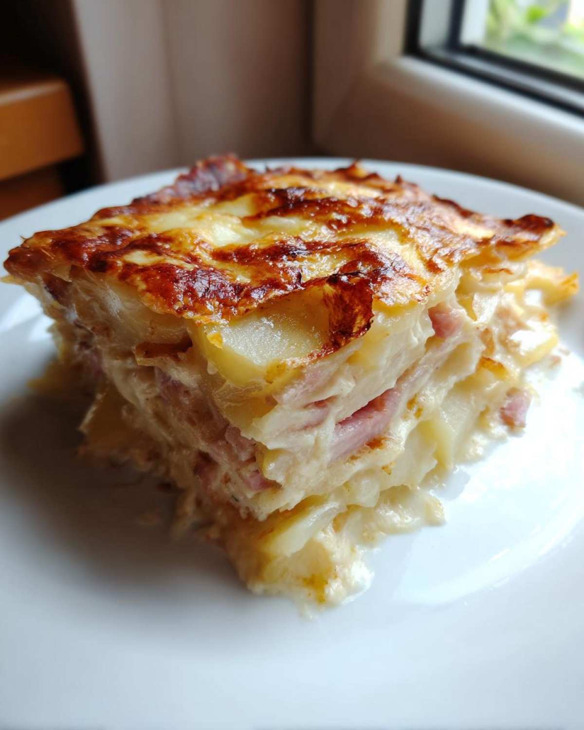 A thick, layered slice of savory Rhubarb-Potato Gratin with Gruyère on a white plate, featuring a golden-brown, cheesy crust.
