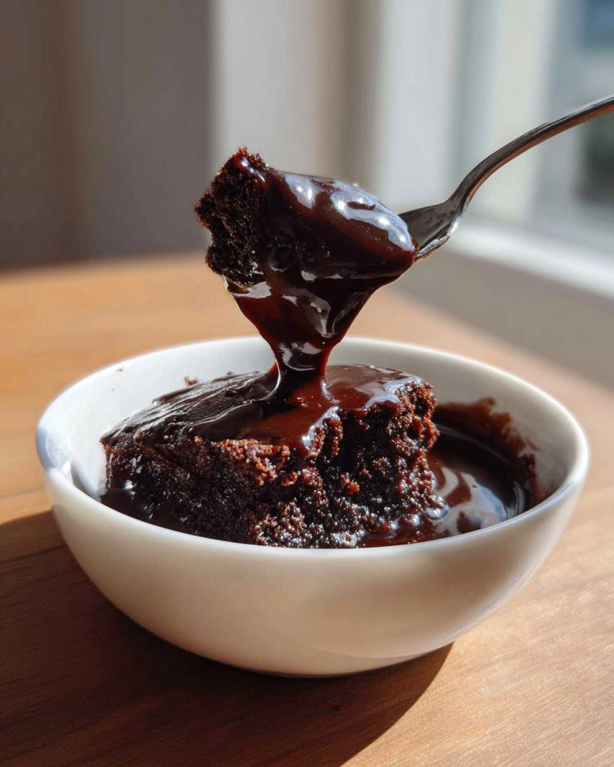 A spoonful of rich chocolate cobbler cake is lifted from a white bowl, dripping with warm chocolate sauce.