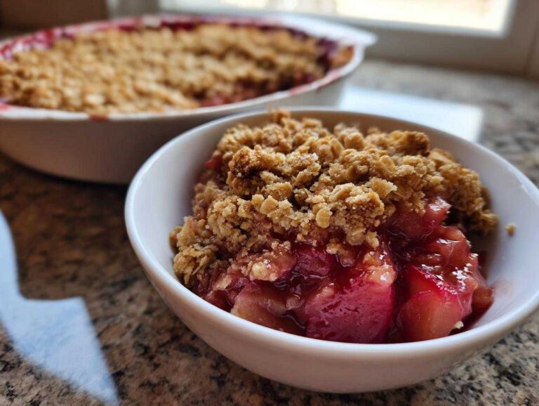 Close-up of a serving of warm Gluten-Free Rhubarb Crisp with a golden oat topping in a white bowl.