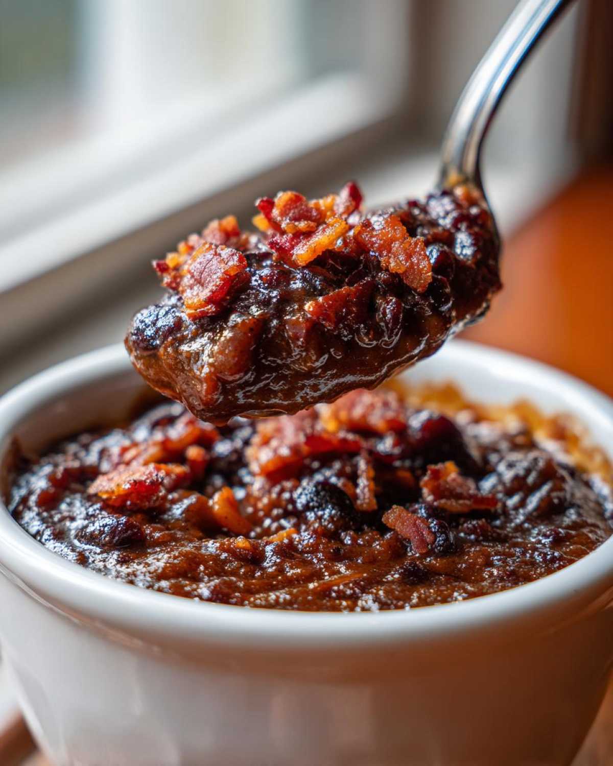 A spoonful of rich, dark Million Dollar Baked Beans topped with crispy bacon bits being lifted from a white bowl.
