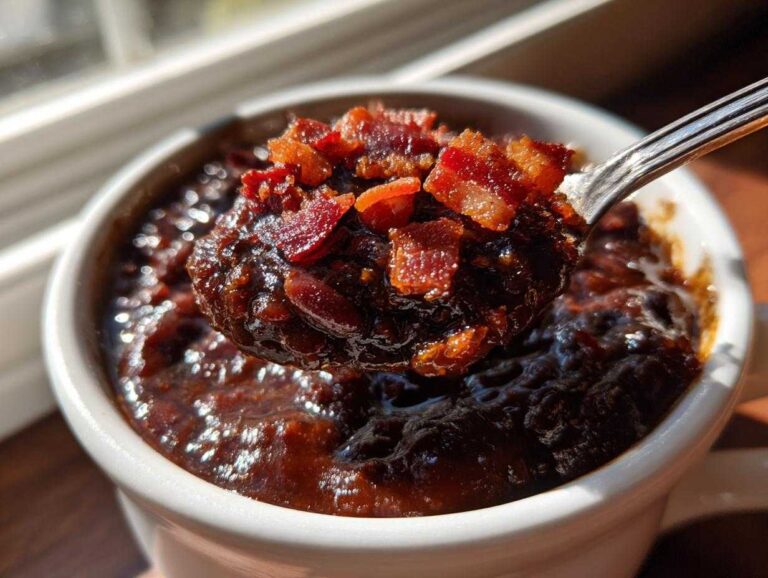 A spoonful of rich, dark Million Dollar Baked Beans topped with crispy bacon bits being lifted from a white ramekin.