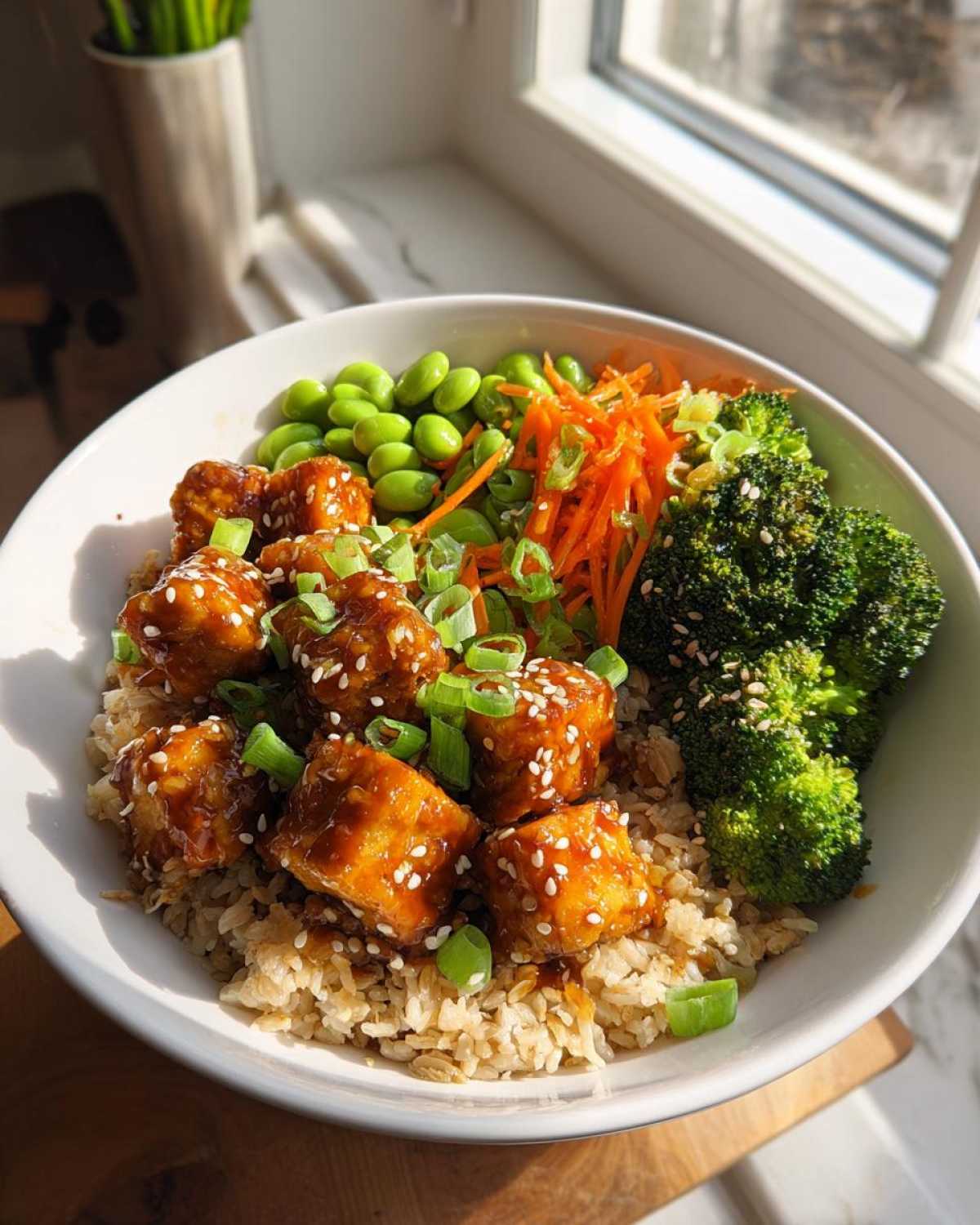 Close-up of Sesame Ginger Tofu Bowls featuring glazed tofu, brown rice, broccoli, edamame, and shredded carrots.