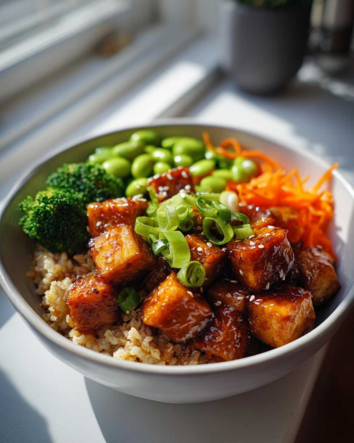 A vibrant bowl featuring glazed Sesame Ginger Tofu served over brown rice with broccoli, edamame, and shredded carrots.