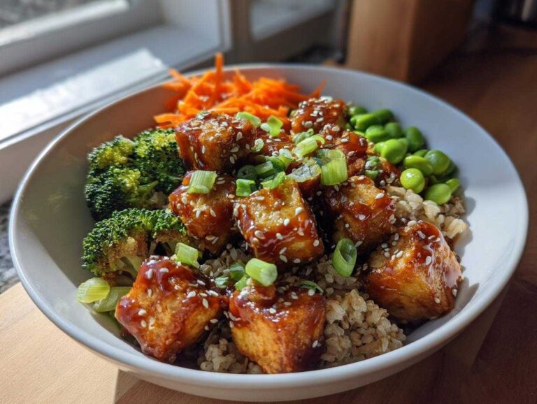 A close-up of vibrant Sesame Ginger Tofu Bowls featuring glazed tofu, brown rice, broccoli, edamame, and shredded carrots.