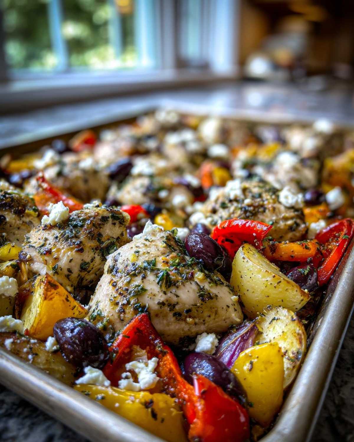 Close-up of Sheet Pan Greek Chicken & Veggies with potatoes, peppers, olives, and feta cheese.