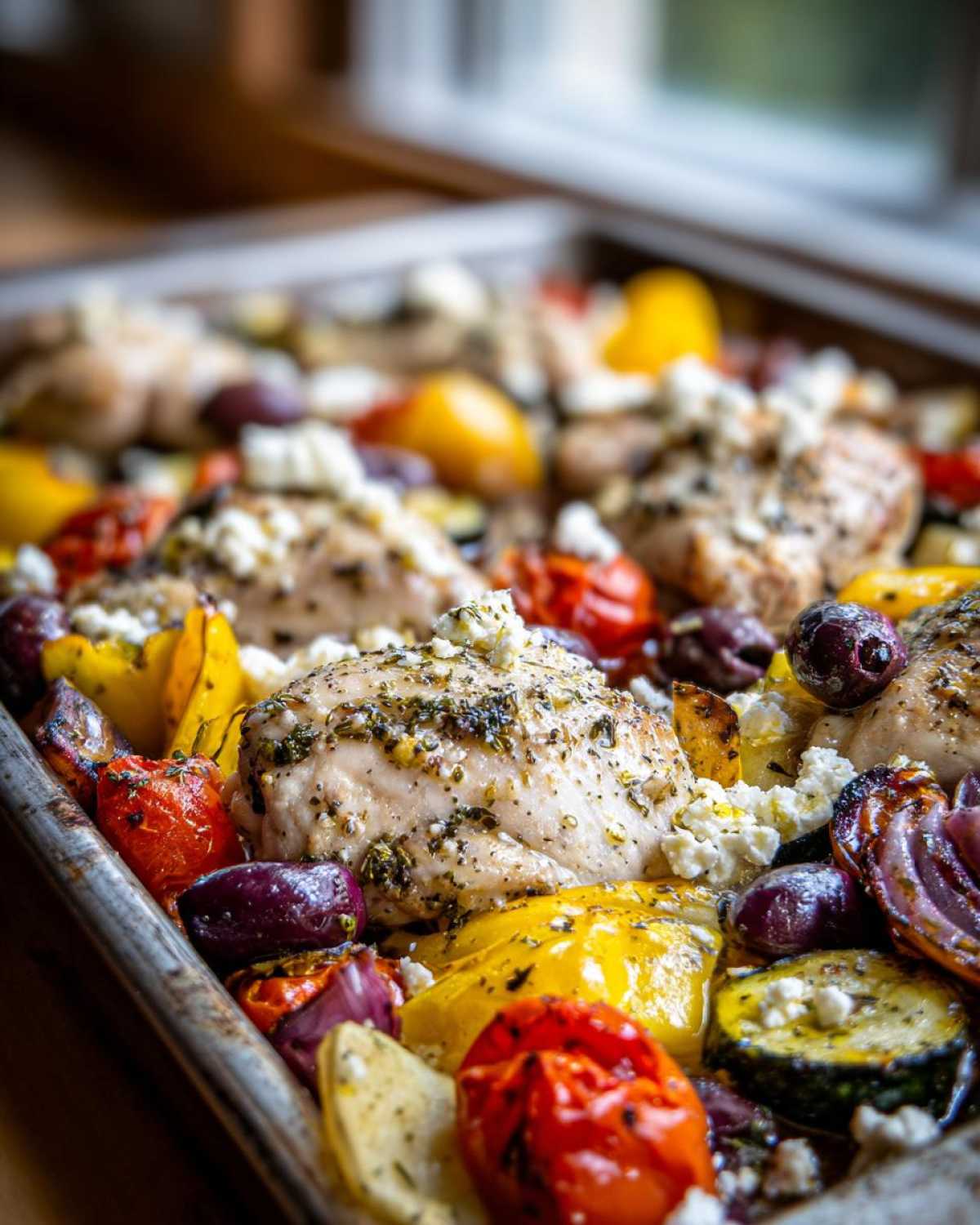 Close-up of Sheet Pan Greek Chicken & Veggies topped with feta cheese, olives, and roasted vegetables.
