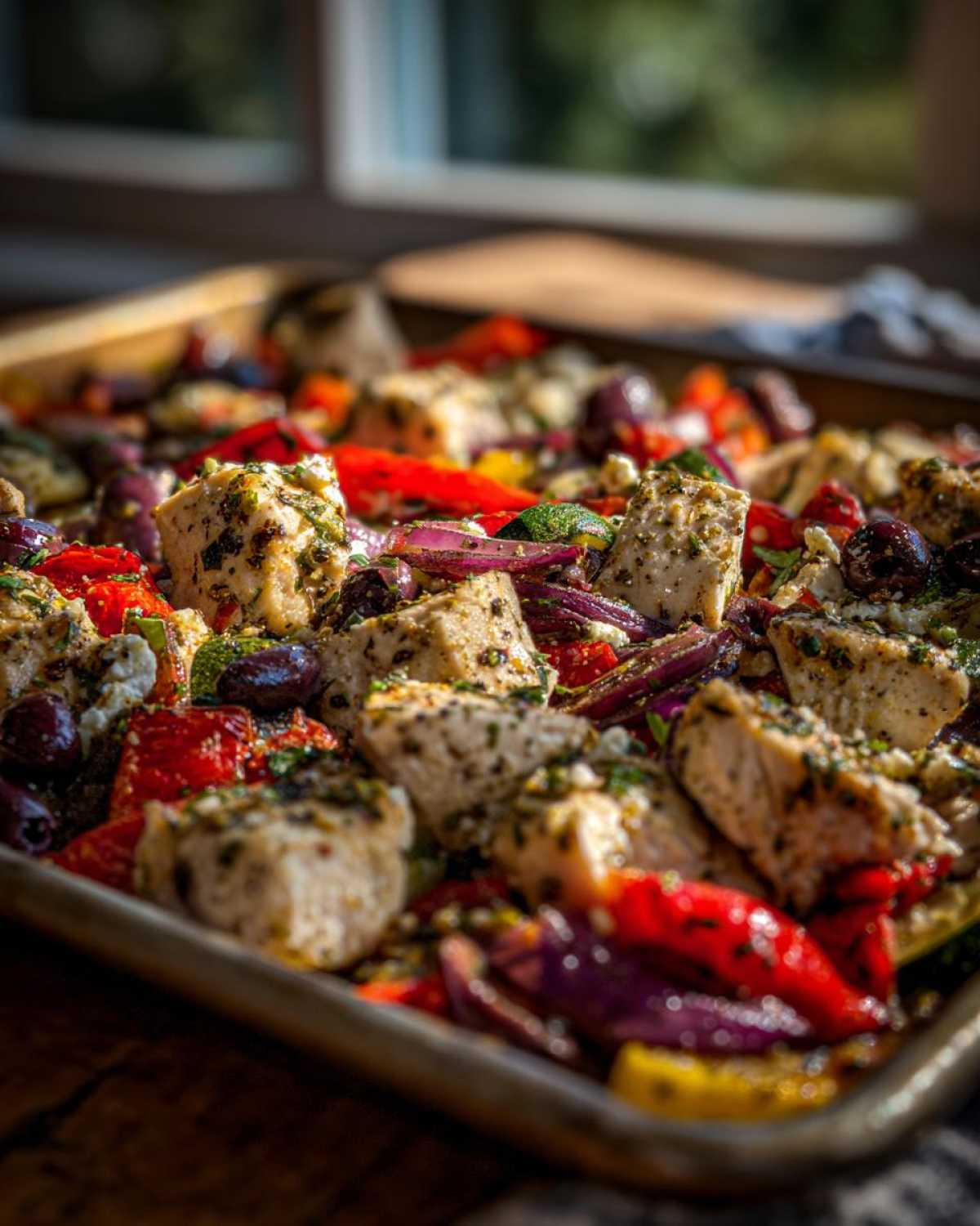 Close-up of Sheet Pan Greek Chicken & Veggies with feta, olives, and roasted peppers on a baking tray.