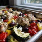 Close-up of Sheet Pan Greek Chicken & Veggies with feta cheese, olives, zucchini, and peppers on a baking sheet.