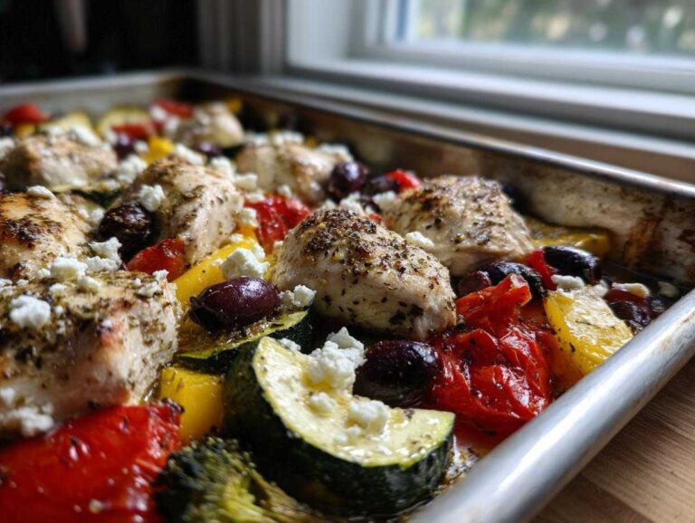 Close-up of Sheet Pan Greek Chicken & Veggies with feta cheese, olives, zucchini, and peppers on a baking sheet.
