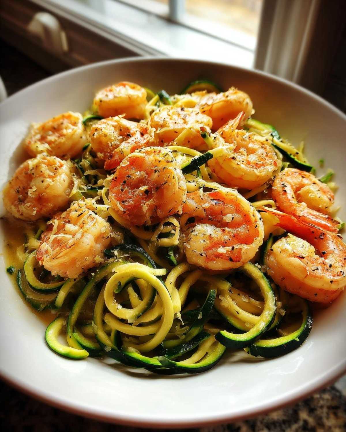 Close-up of Shrimp Scampi with Zucchini Noodles, featuring plump seasoned shrimp over spiralized zucchini.