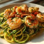 Close-up of juicy shrimp scampi served over a bed of bright green zucchini noodles (zoodles) in garlic butter sauce.