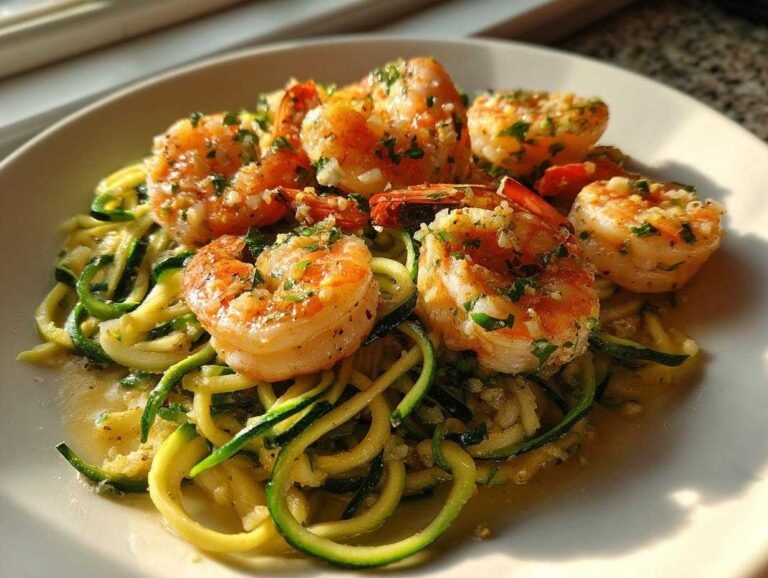 Close-up of juicy shrimp scampi served over a bed of bright green zucchini noodles (zoodles) in garlic butter sauce.