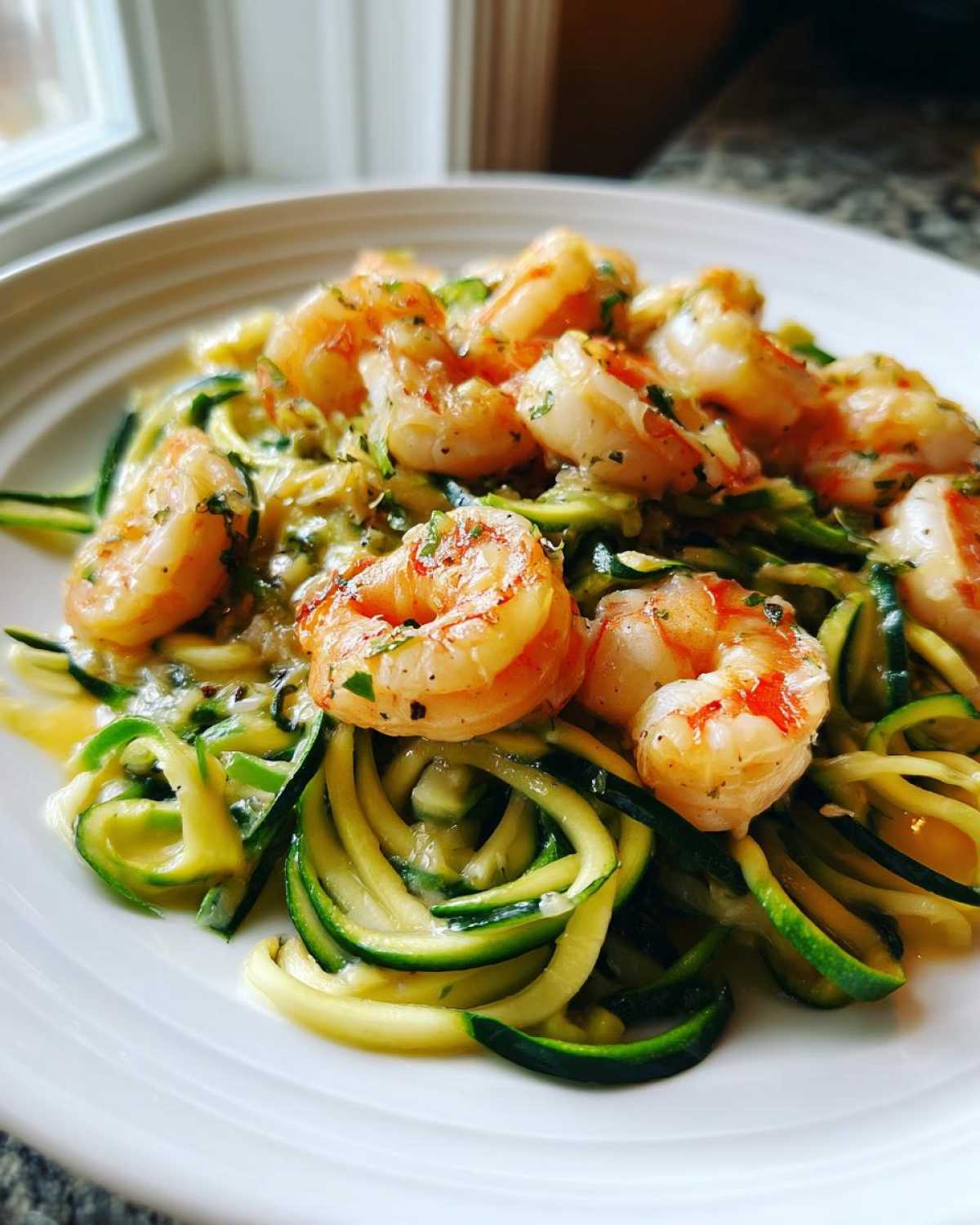 Close-up of perfectly cooked shrimp served over a bed of bright green zucchini noodles in a light scampi sauce.