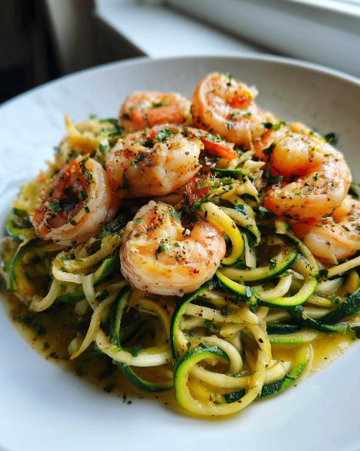 Close-up of a white bowl filled with Shrimp Scampi with Zucchini Noodles, topped with seasoned shrimp.