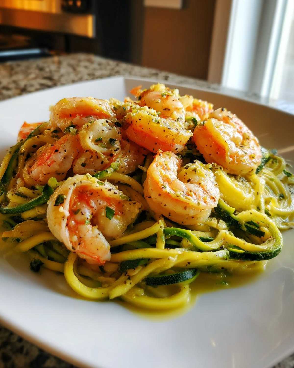 A close-up of perfectly cooked shrimp served over a bed of bright green and yellow zucchini noodles in a garlic butter sauce, featuring Shrimp Scampi with Zucchini Noodles.