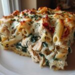 A close-up of a hearty slice of chicken pasta bake, featuring penne pasta, shredded chicken, spinach, and a bubbly, cheesy topping.
