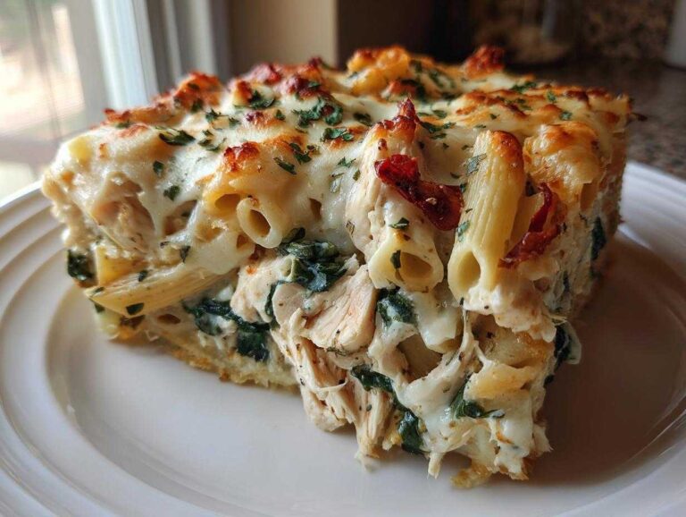 Amazing 650-Cal chicken pasta bake A close-up of a hearty slice of chicken pasta bake, featuring penne pasta, shredded chicken, spinach, and a bubbly, cheesy topping.