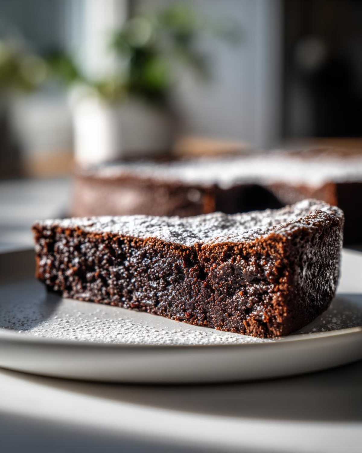 A close-up slice of dense, dark flourless chocolate torte dusted heavily with powdered sugar on a light gray plate.