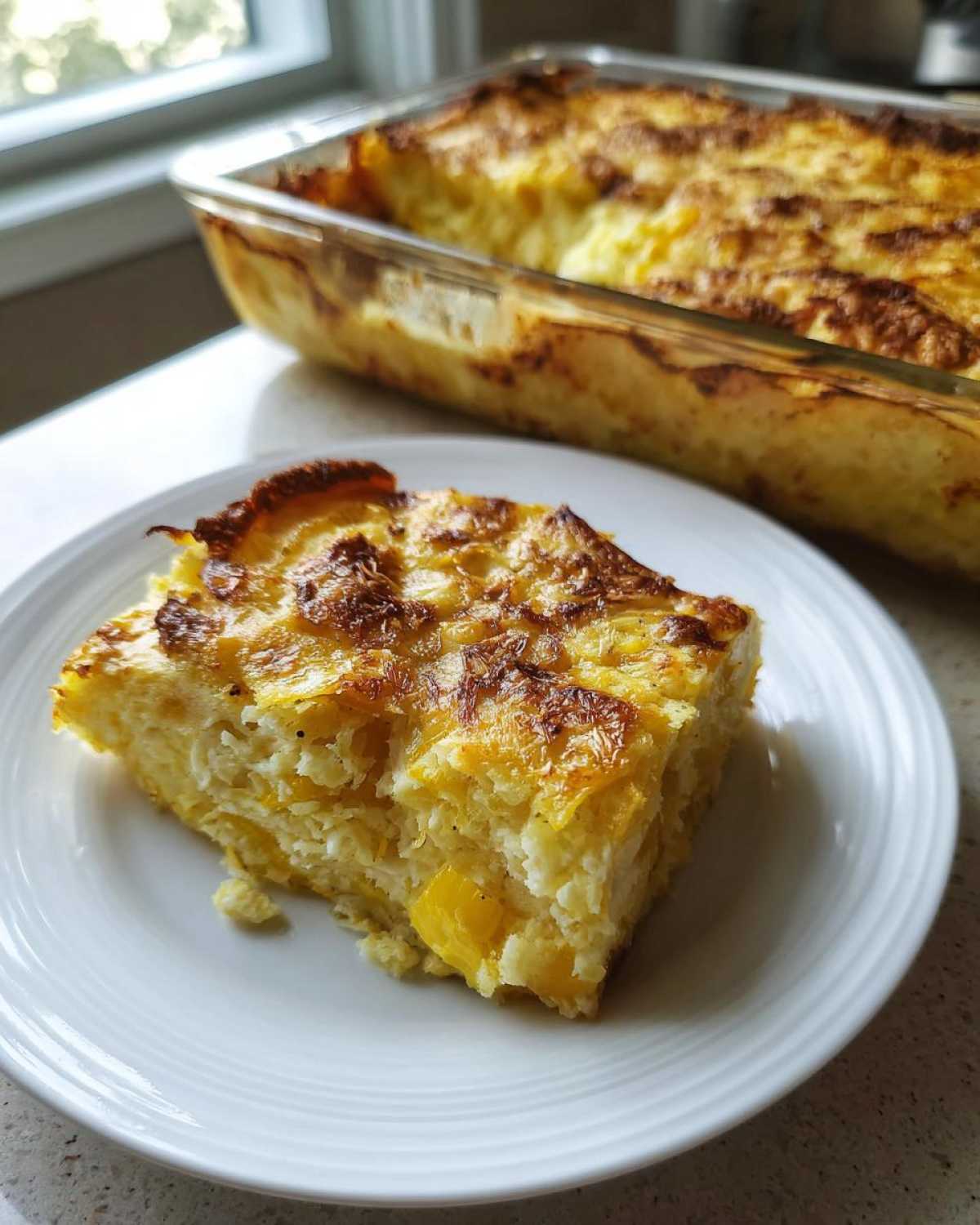 A slice of baked gluten-free squash casserole with a golden, cheesy top served on a white plate, with the baking dish in the background.